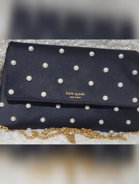 kate spade- Grace- Pearl Embellished Satin Clutch/ Crossbody- Black